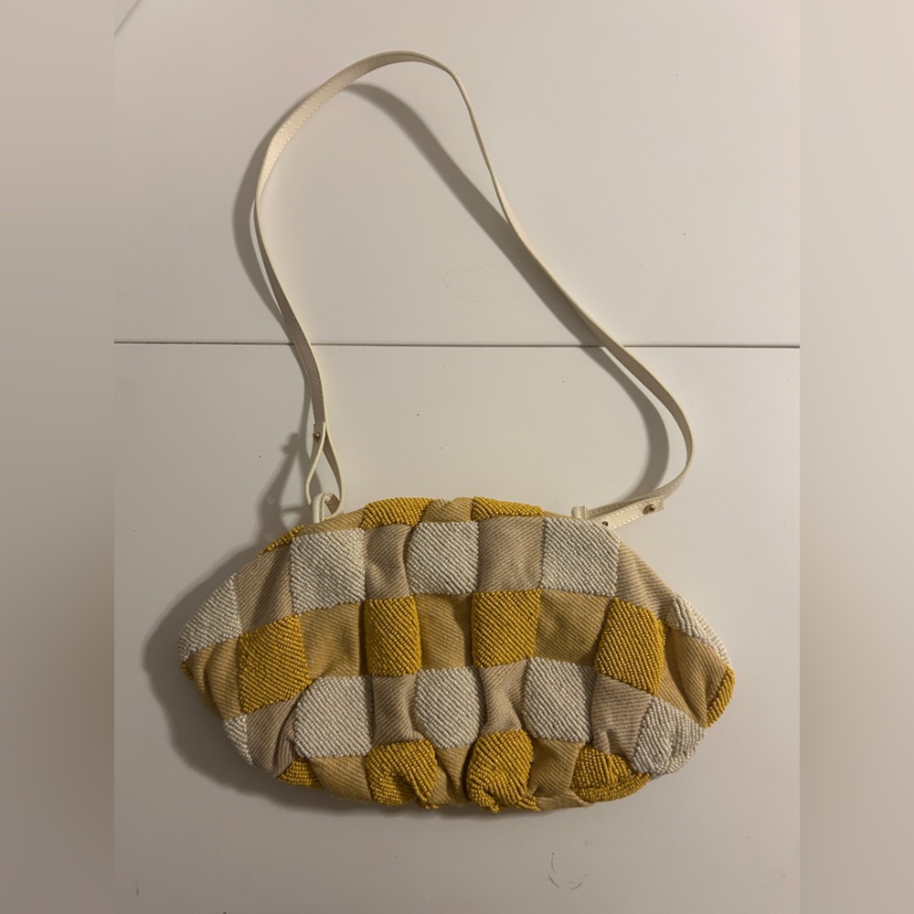 Beaded Yellow and Cream Checkered Women's Bag